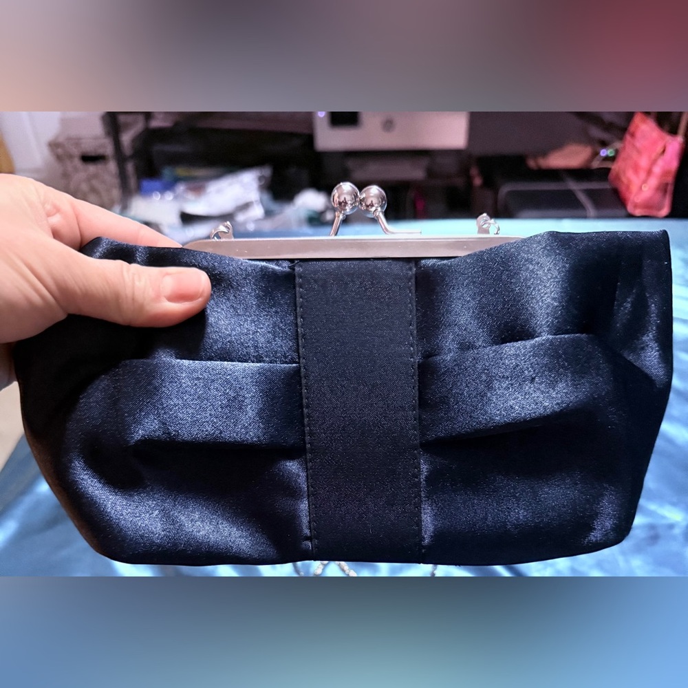 Elegant dark blue Satin Clutch with silver hard wear